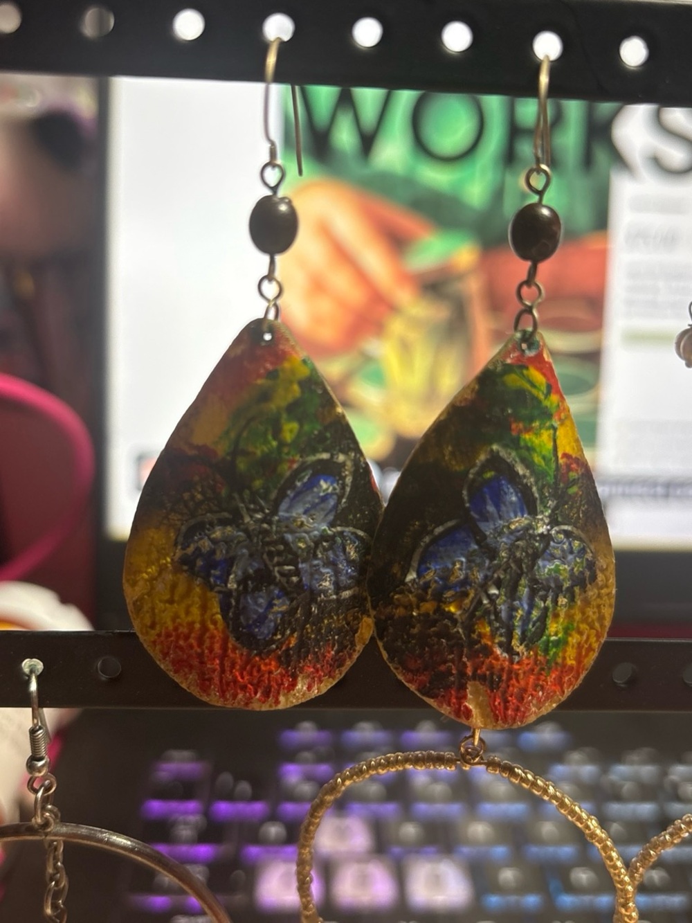 Hand-Painted Multicolor Teardrop Butterfly Earrings